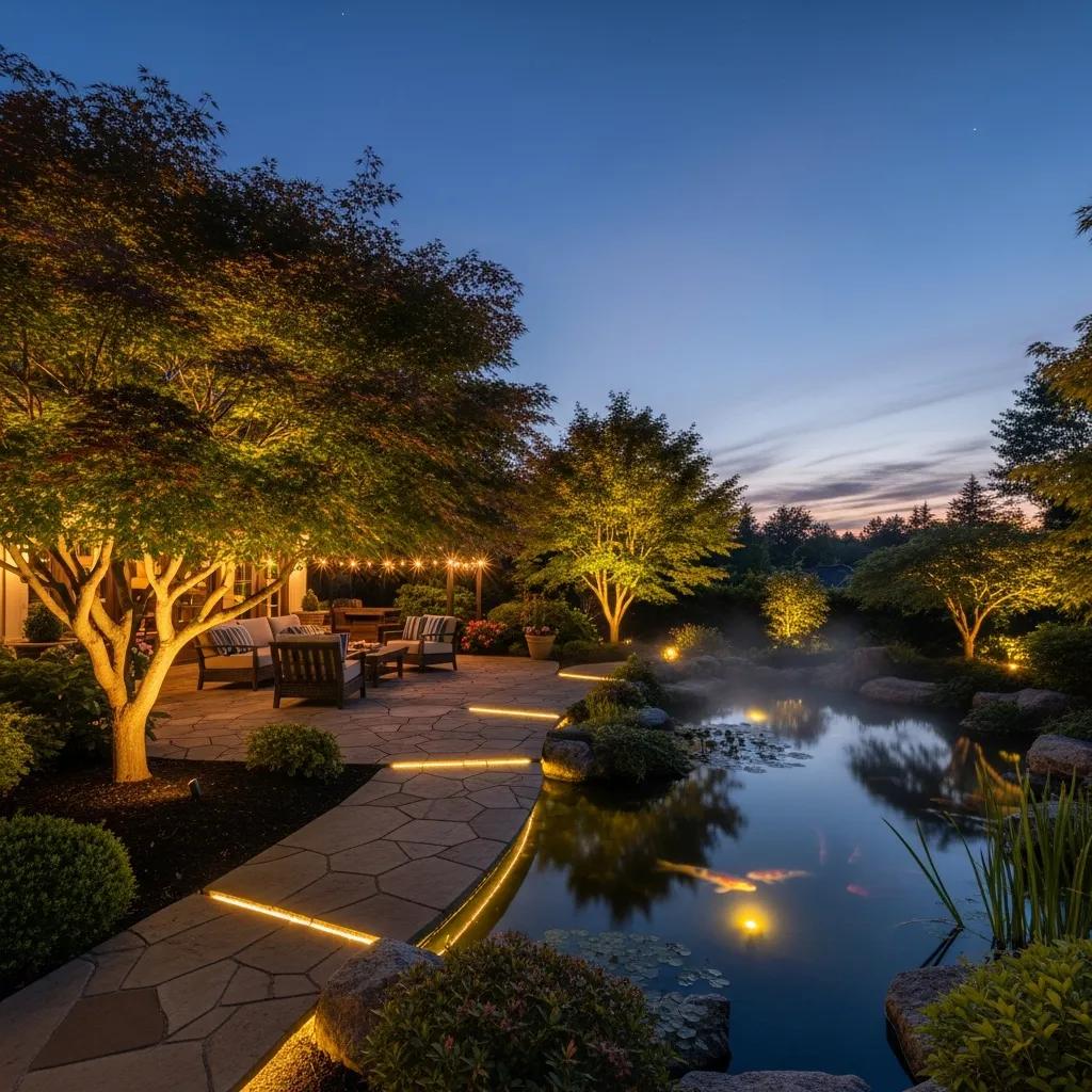 Serene garden illuminated with accent and ambient lighting creating a peaceful ambiance