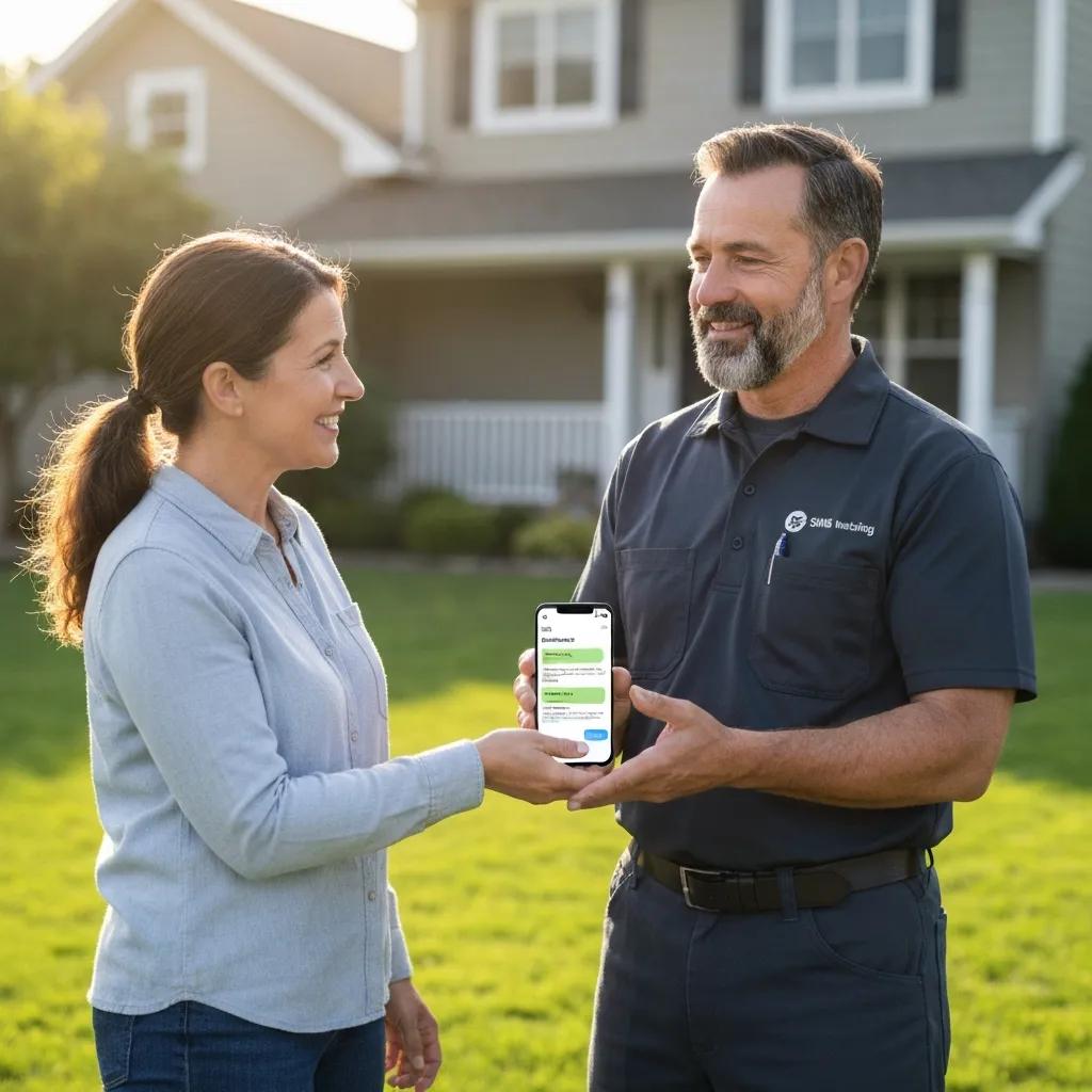 Service technician and homeowner interacting with a smartphone in front of a house