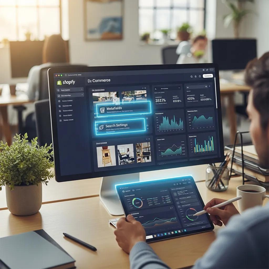 Shopify dashboard showcasing optimization features and a person analyzing data for AI search improvements