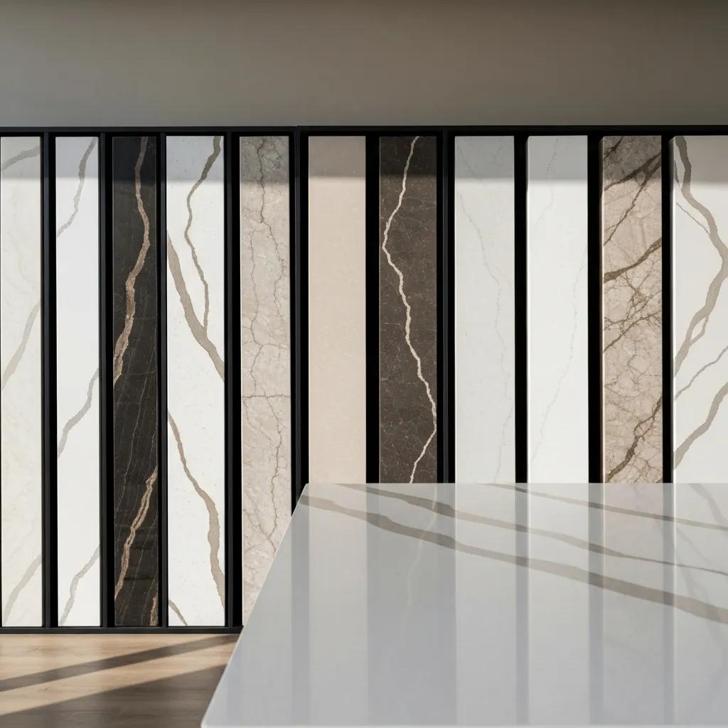 Showroom display of popular quartz styles and colors for Roswell kitchens in 2025 Showroom display of popular quartz styles and colors for Roswell kitchens in 2025
