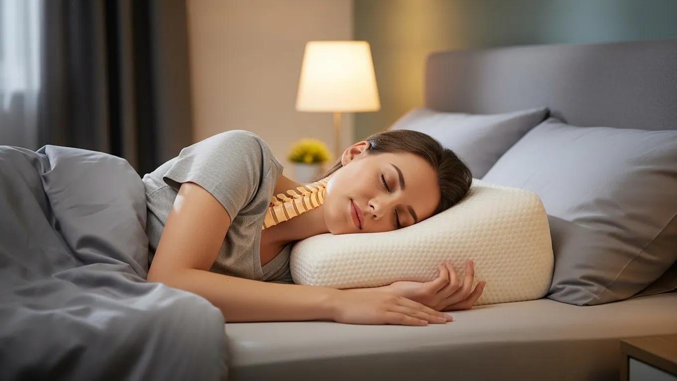 Side sleeper using a memory foam pillow for proper spinal alignment