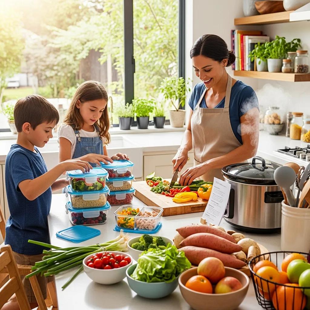 Single parent and children preparing meals together, emphasizing time-saving meal planning tips