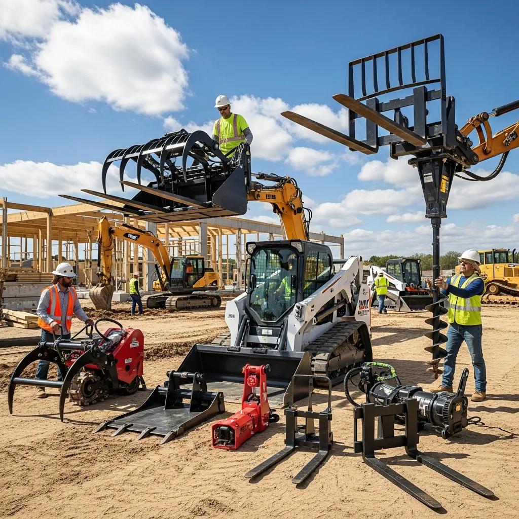 Skid steer loader with various attachments at a construction site, showcasing versatility and efficiency