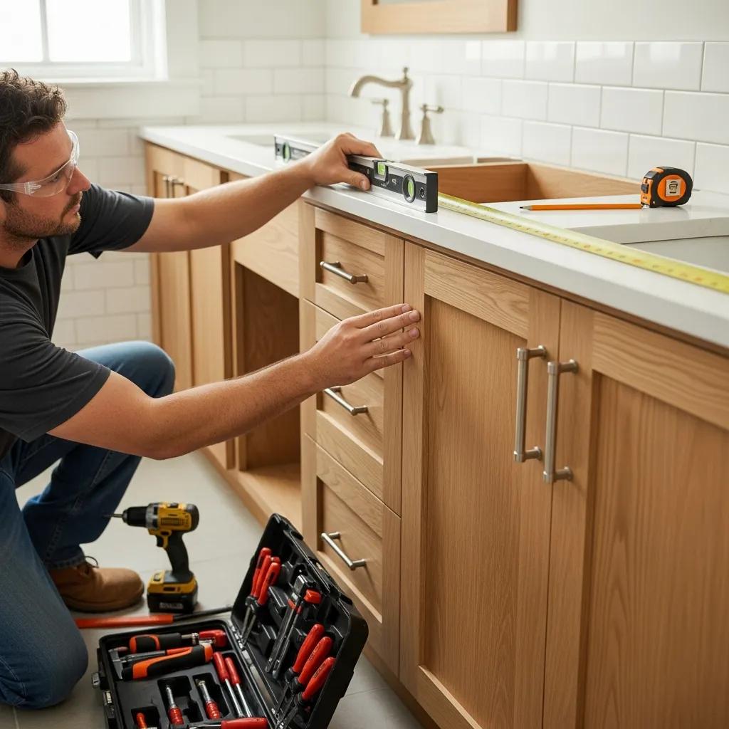 Skilled carpenter installing cabinets in a bathroom renovation