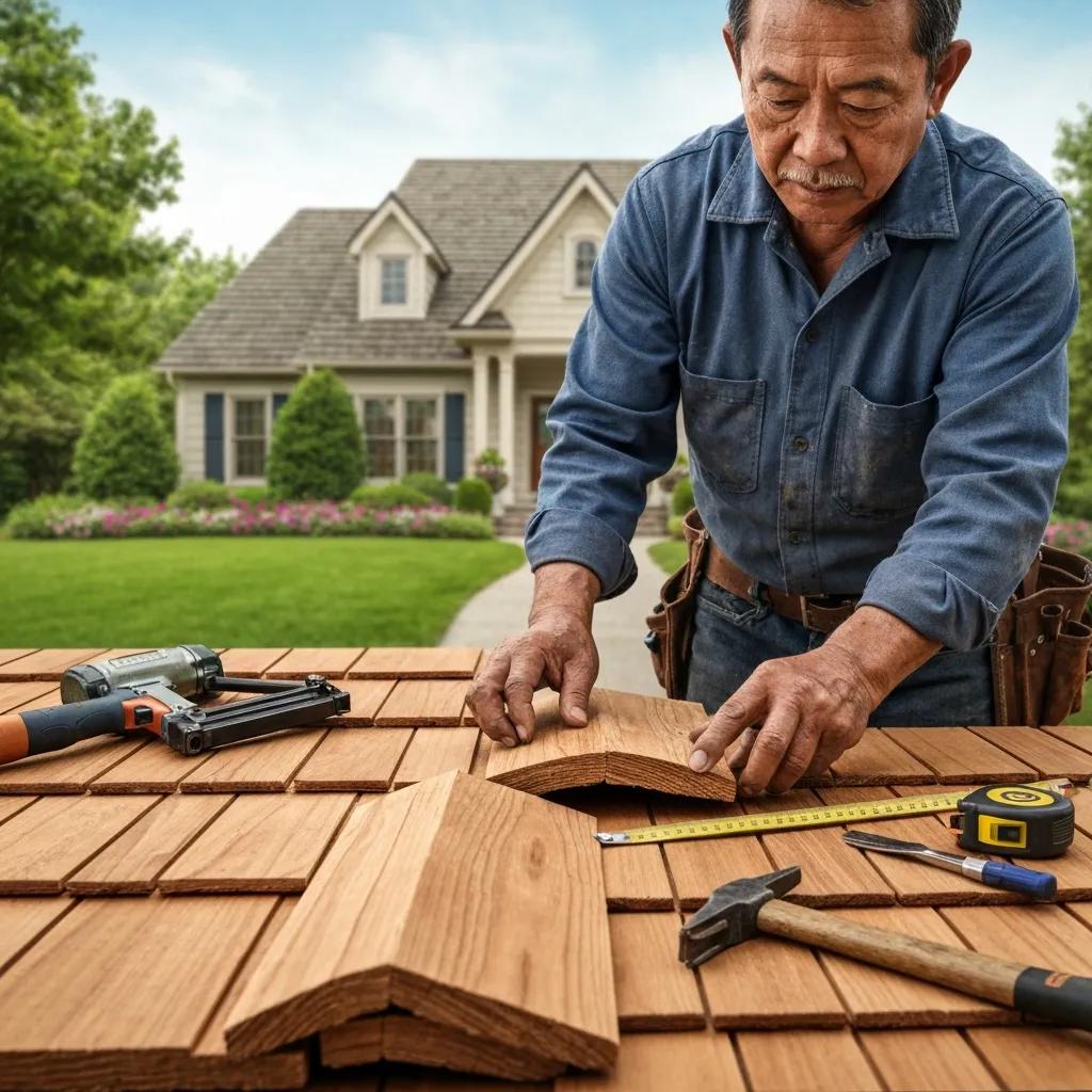 Skilled contractor inspecting wood roofing materials for quality and texture