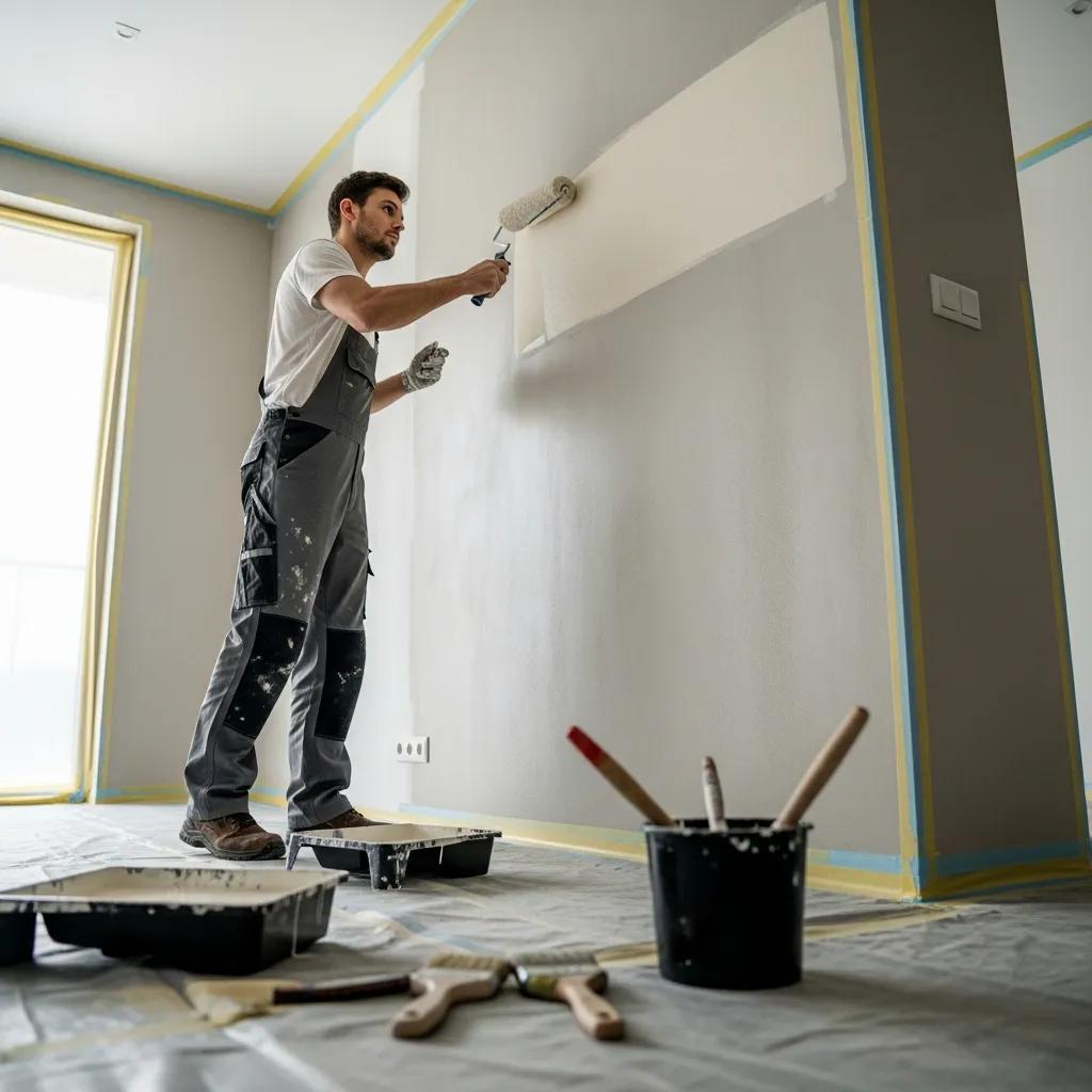 Skilled painter applying high-quality finish in a modern interior setting Skilled painter applying high-quality finish in a modern interior setting