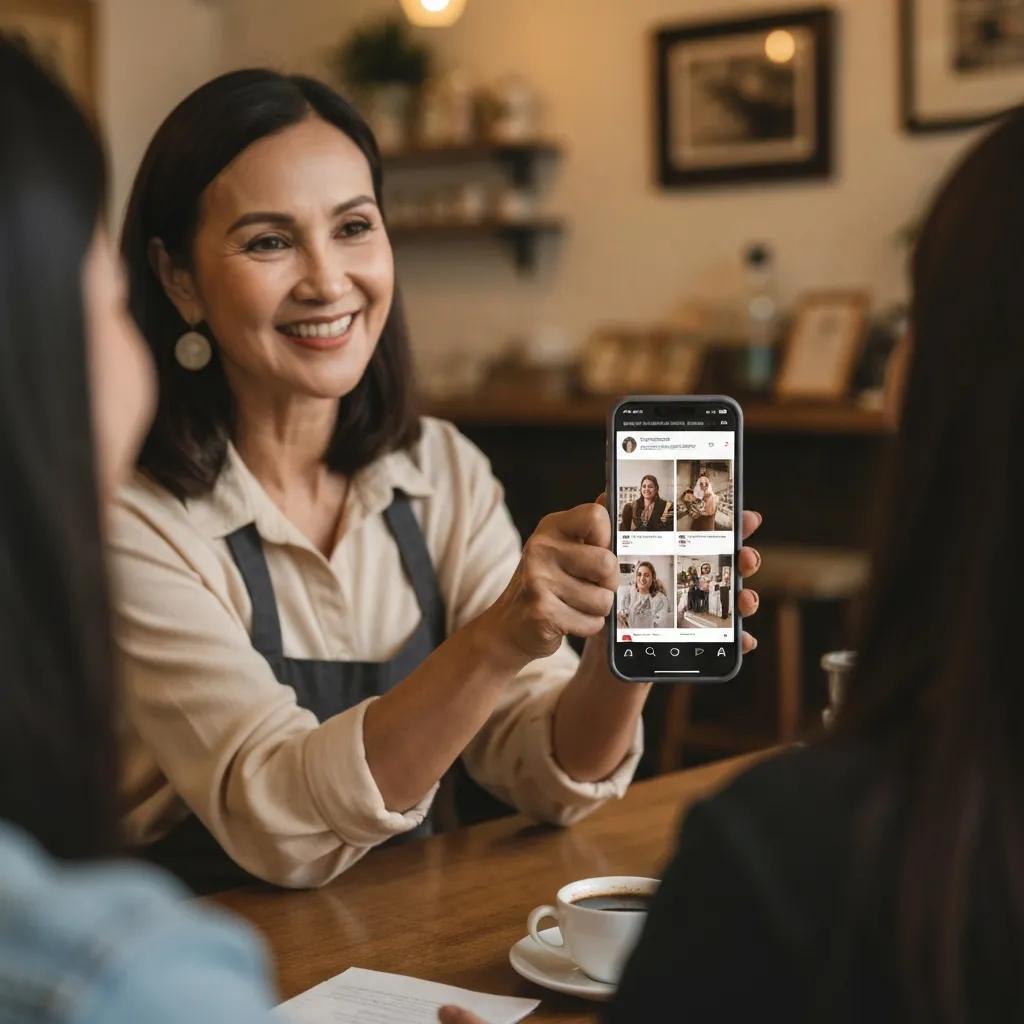 Small business owner sharing user-generated content and engaging customers