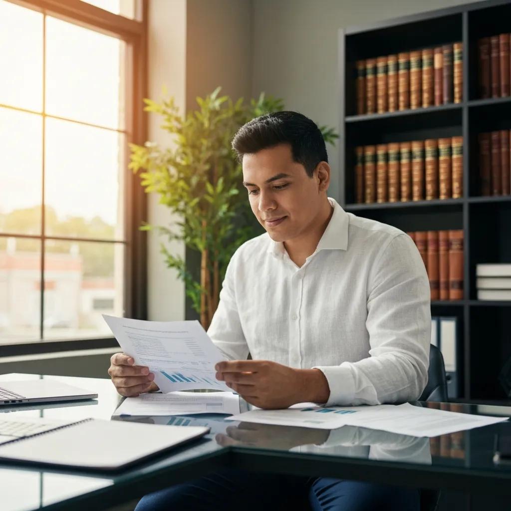 Small business owner reviewing financial statements and tax documents