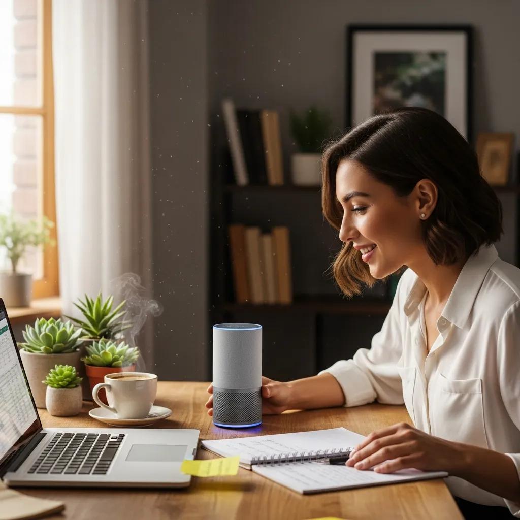 Small business owner using a smart speaker for voice search optimization