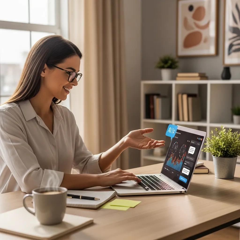 Small business owner using AI technology in a modern office setting