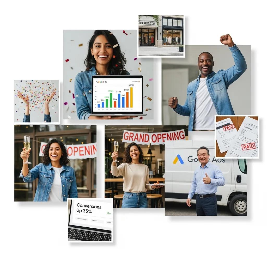 Small business owners celebrating success from Google Ads management