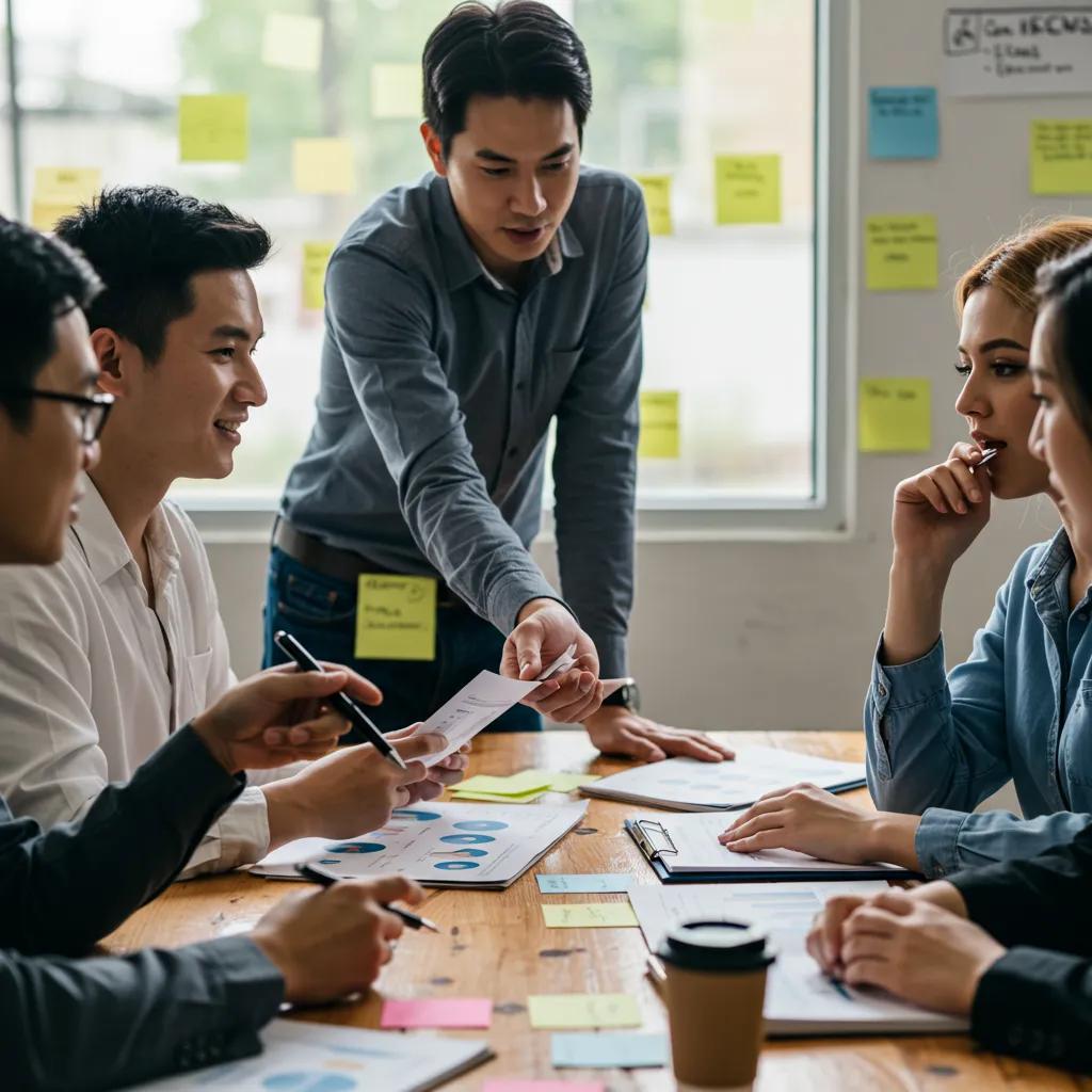 Small business owners collaborating on AEO strategies in a bright meeting space
