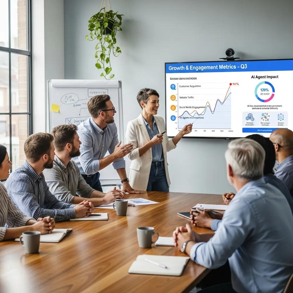 Small business team celebrating success with AI agents in a meeting room