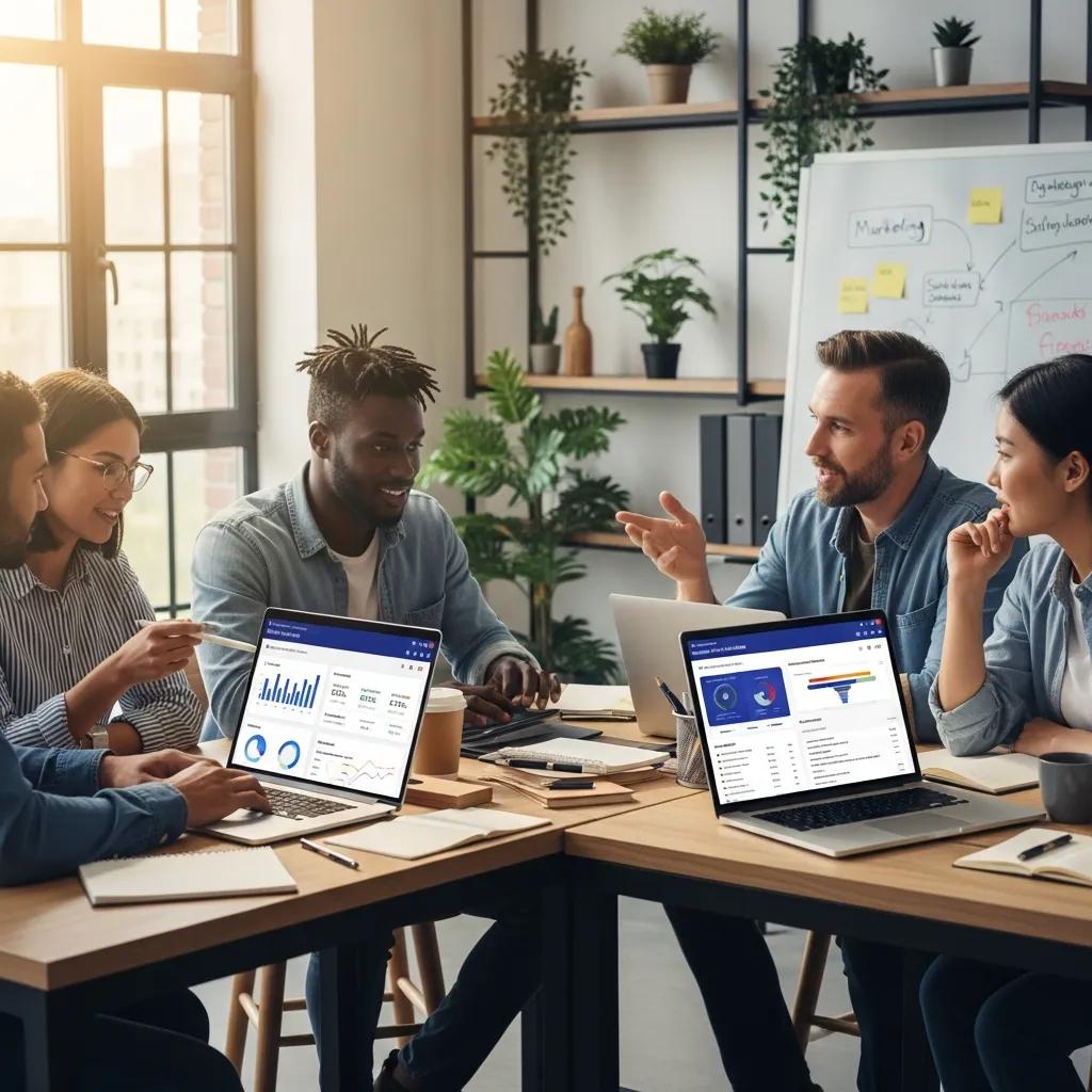 Small business team collaborating with AI marketing tools and custom CRM in a modern workspace Small business team collaborating with AI marketing tools and custom CRM in a modern workspace