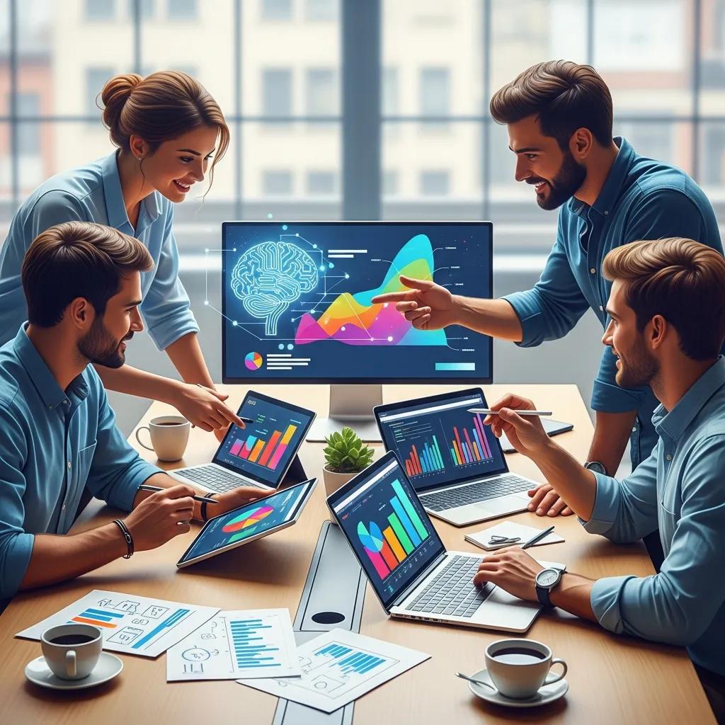 Small business team collaborating with AI technology and data analysis