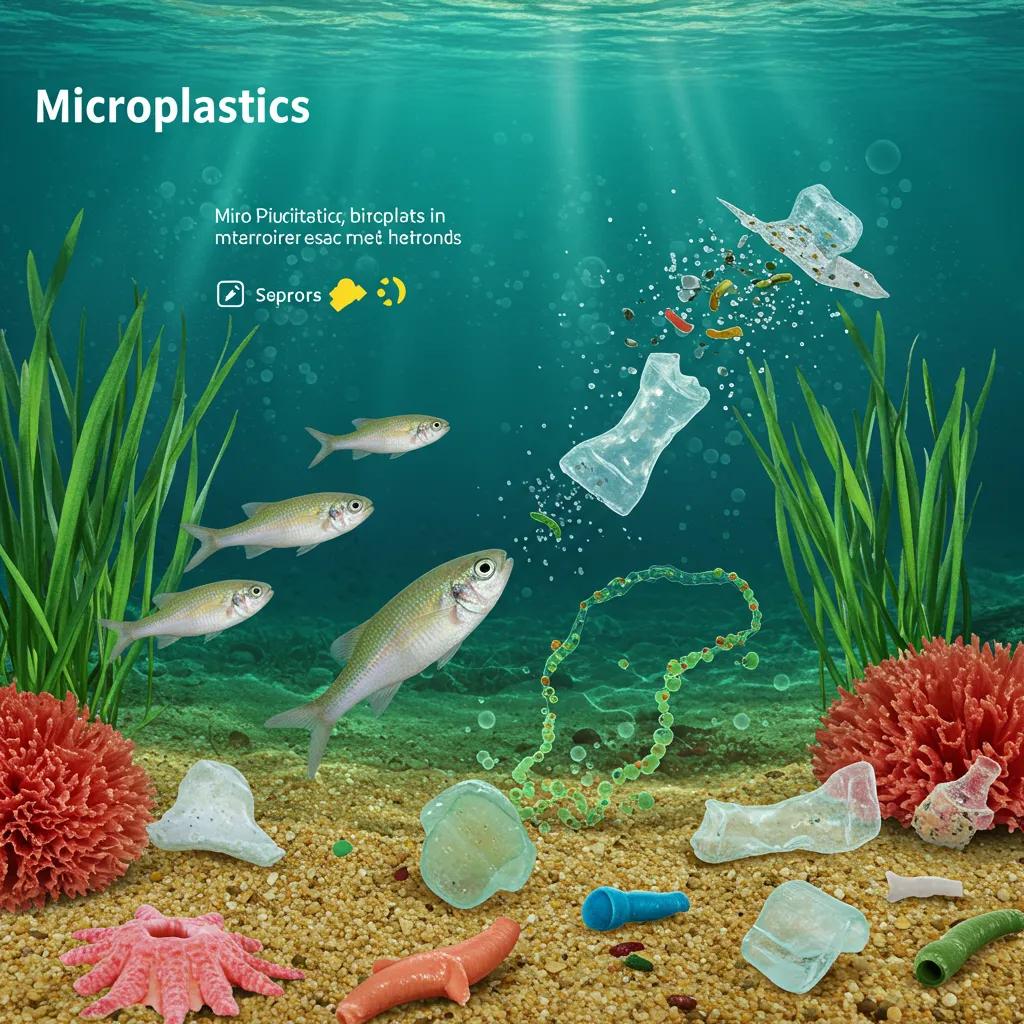 Small fish and plankton interacting with microplastics under Garbage Island