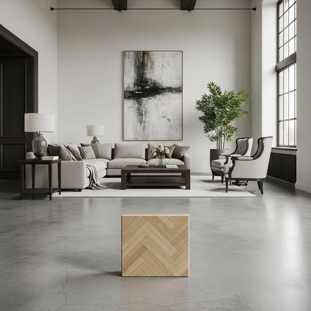 A small flooring sample shown in a large room to demonstrate how scale affects perception