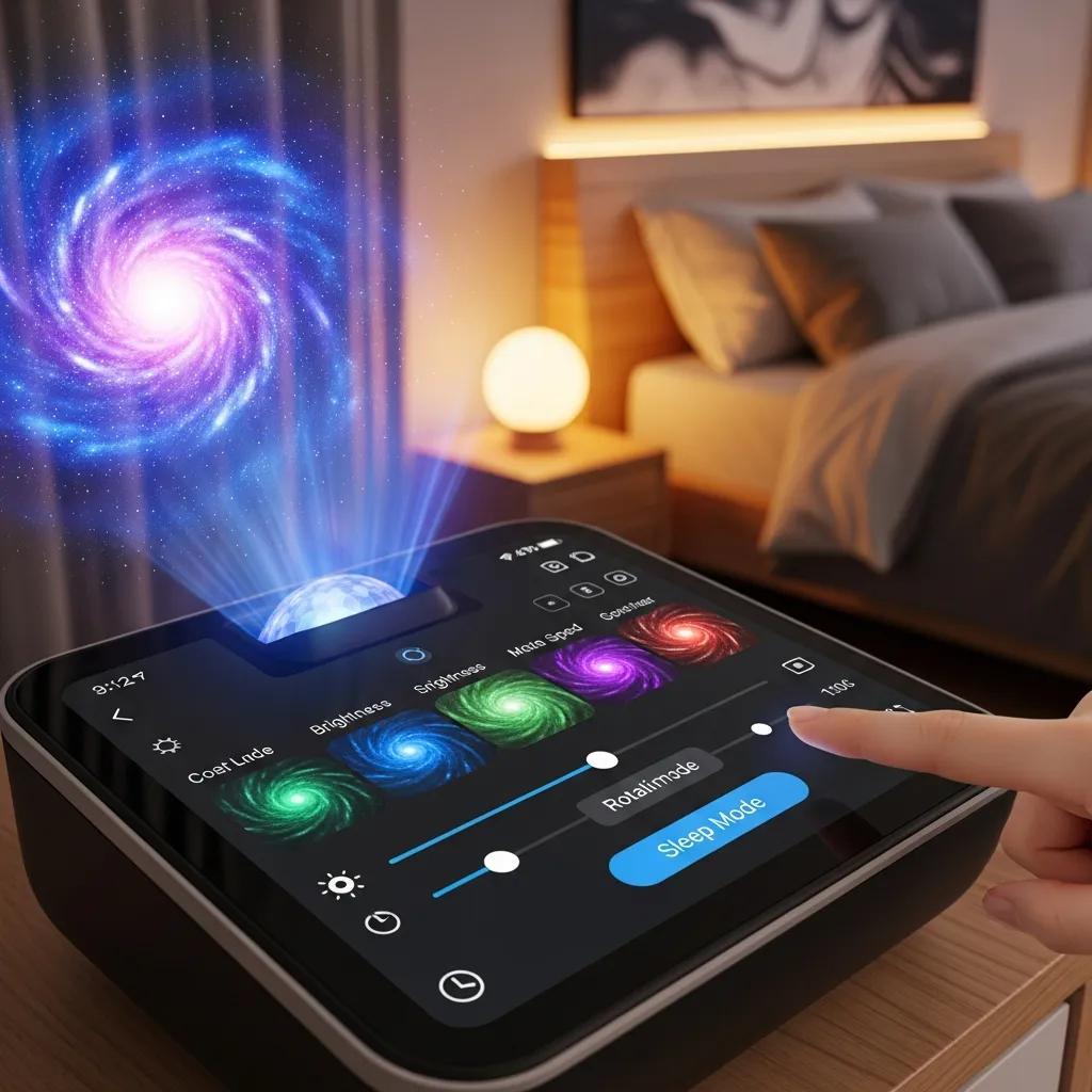 Smart galaxy projector with app interface showcasing color options