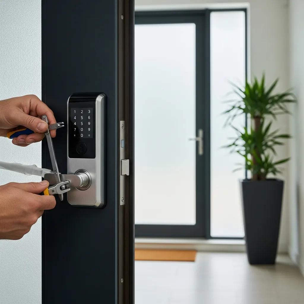 Smart lock being installed on a front door — advanced security and remote access
