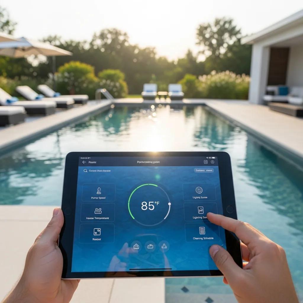 Tablet displaying smart pool automation controls for remote management