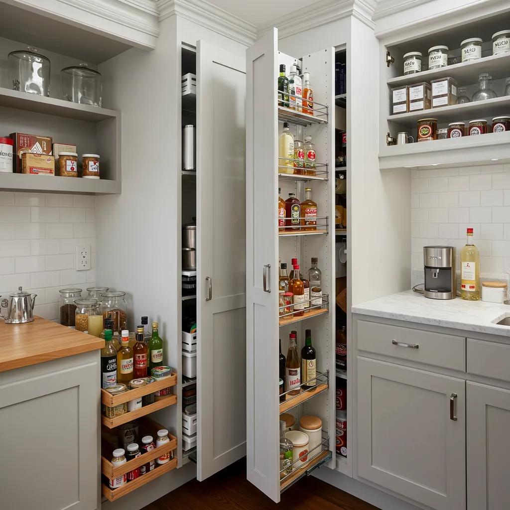 Smart storage solutions in a small kitchen featuring vertical cabinets and pull-out systems