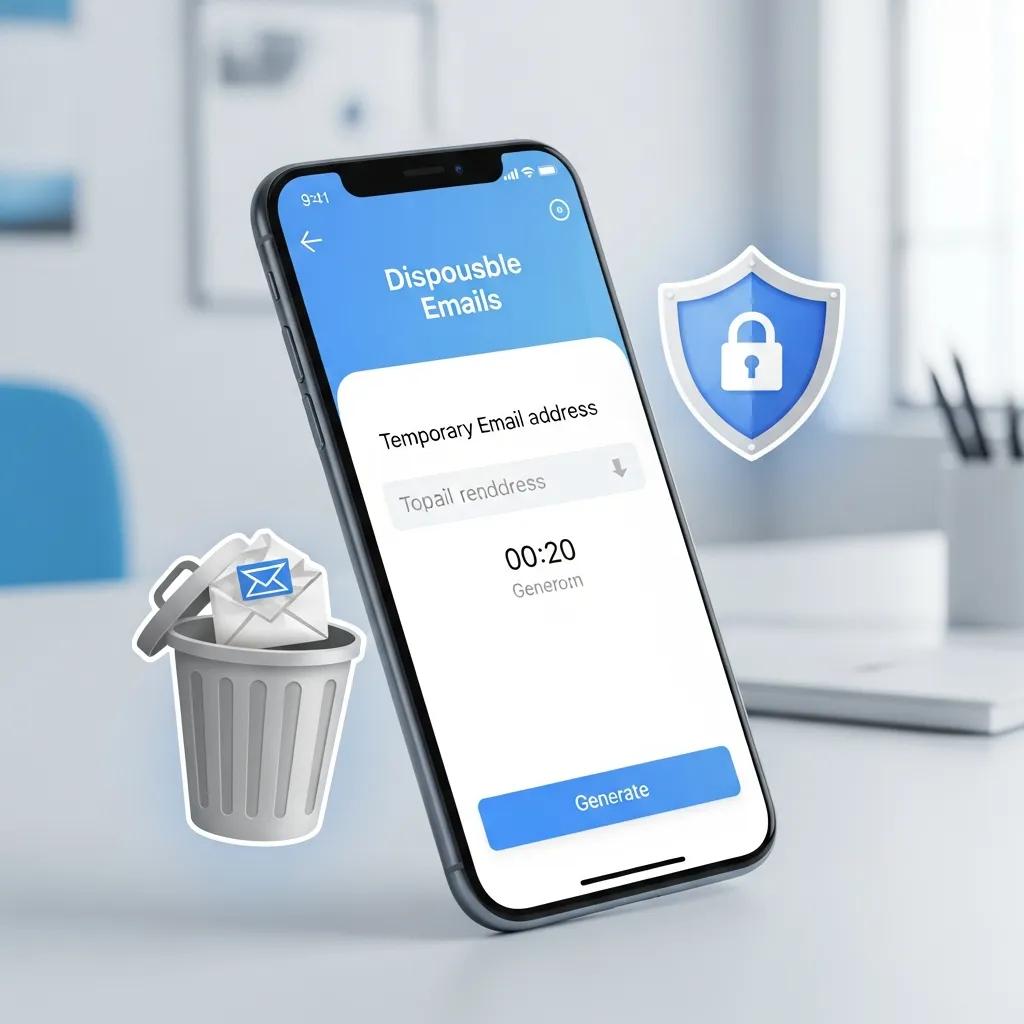 Smartphone showing a disposable email inbox surrounded by icons for privacy and spam reduction