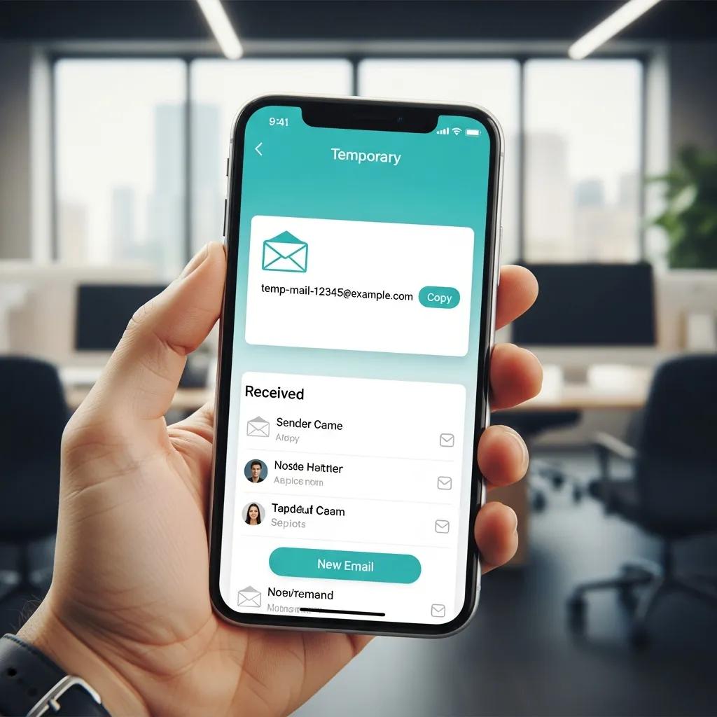 Mobile phone showing a temporary email inbox interface — highlighting speed and privacy