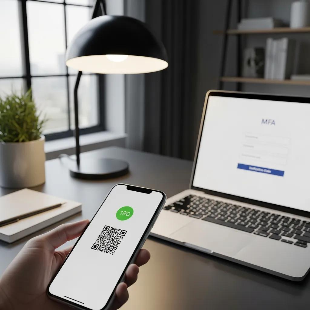 Smartphone displaying a verification code next to a laptop login screen