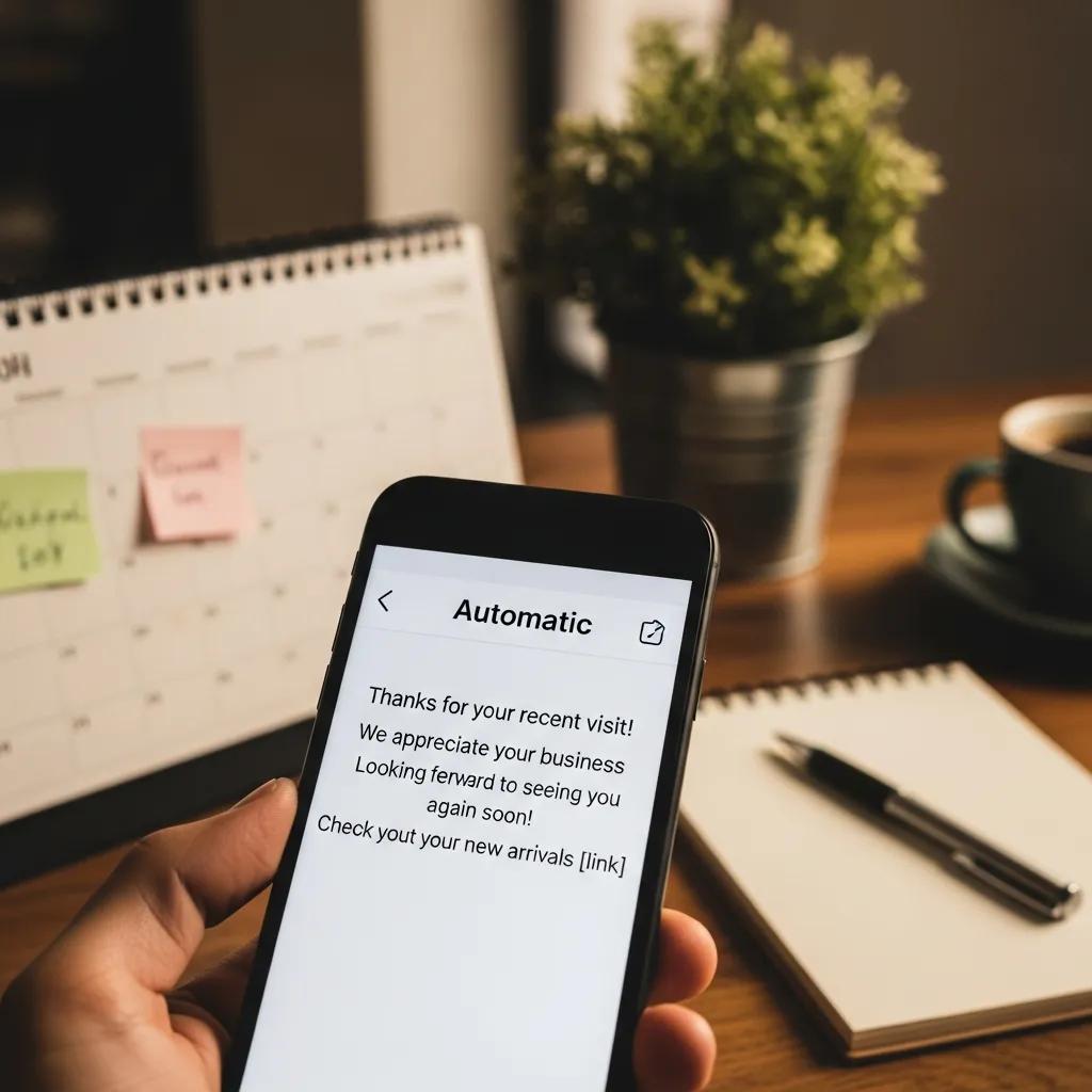 Smartphone showing automated follow-up message in a small business environment