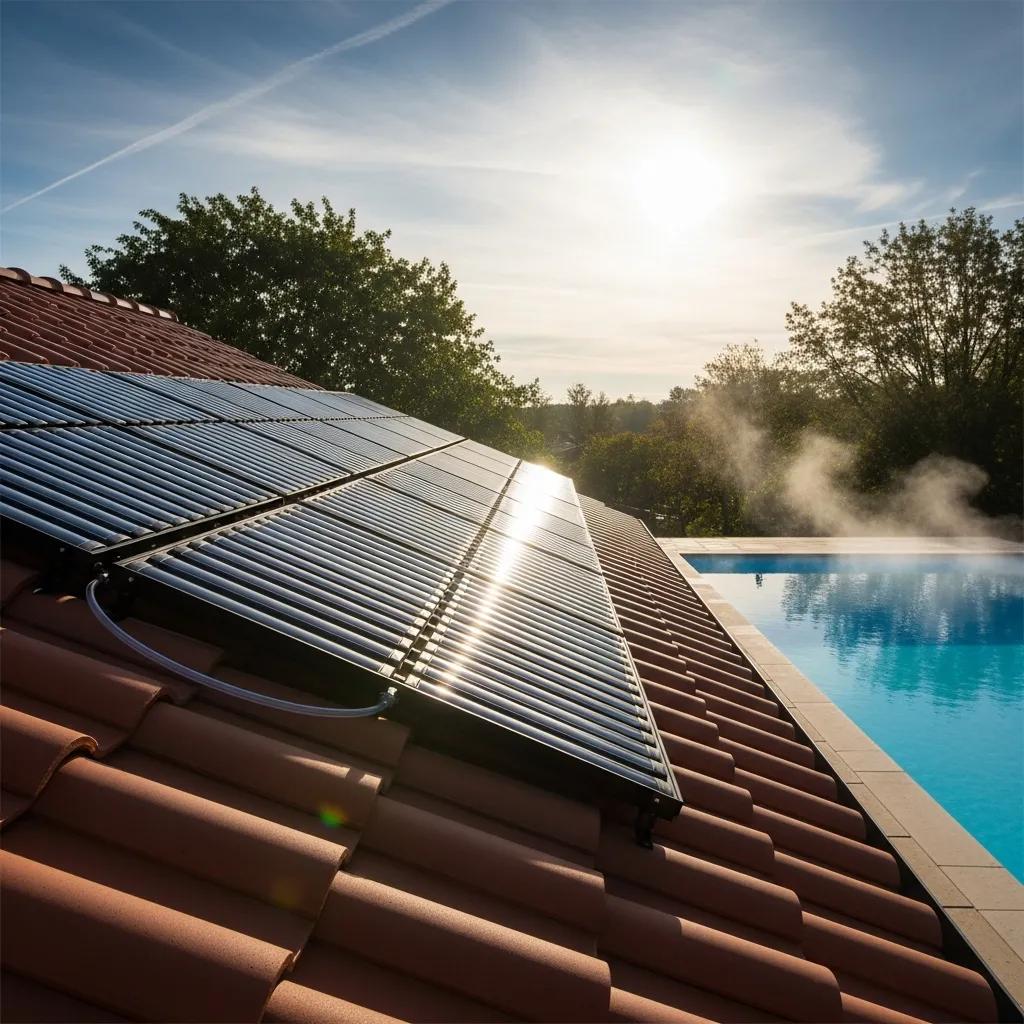 Solar pool heating panels on a roof illustrating eco‑friendly pool heating