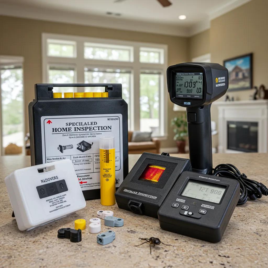 Specialized home inspection tools including radon testing kit and thermal imaging camera in a home setting Specialized home inspection tools including radon testing kit and thermal imaging camera in a home setting