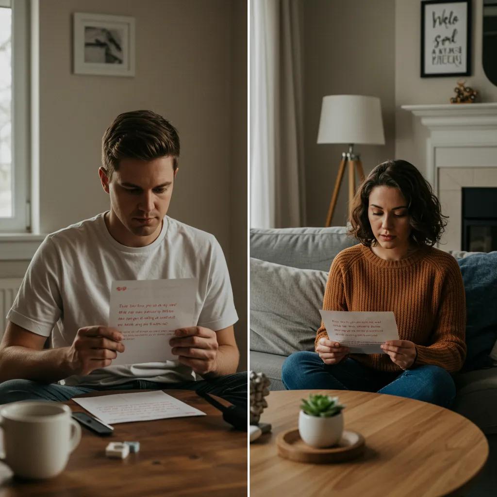 Split image of two partners receiving personalized apology letters, illustrating different emotional responses and settings Split image of two partners receiving personalized apology letters, illustrating different emotional responses and settings