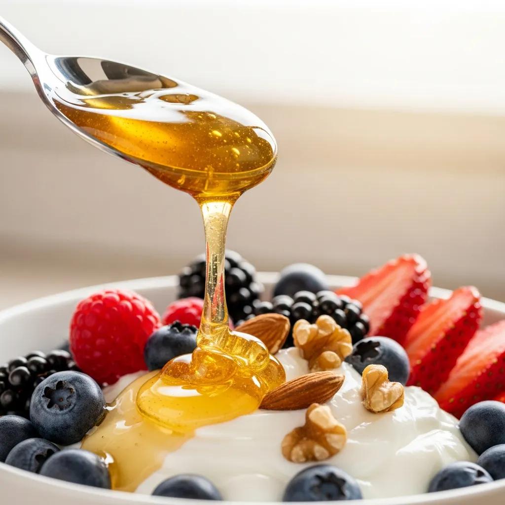 Spoonful of raw honey drizzling over yogurt and berries — a simple wellness boost