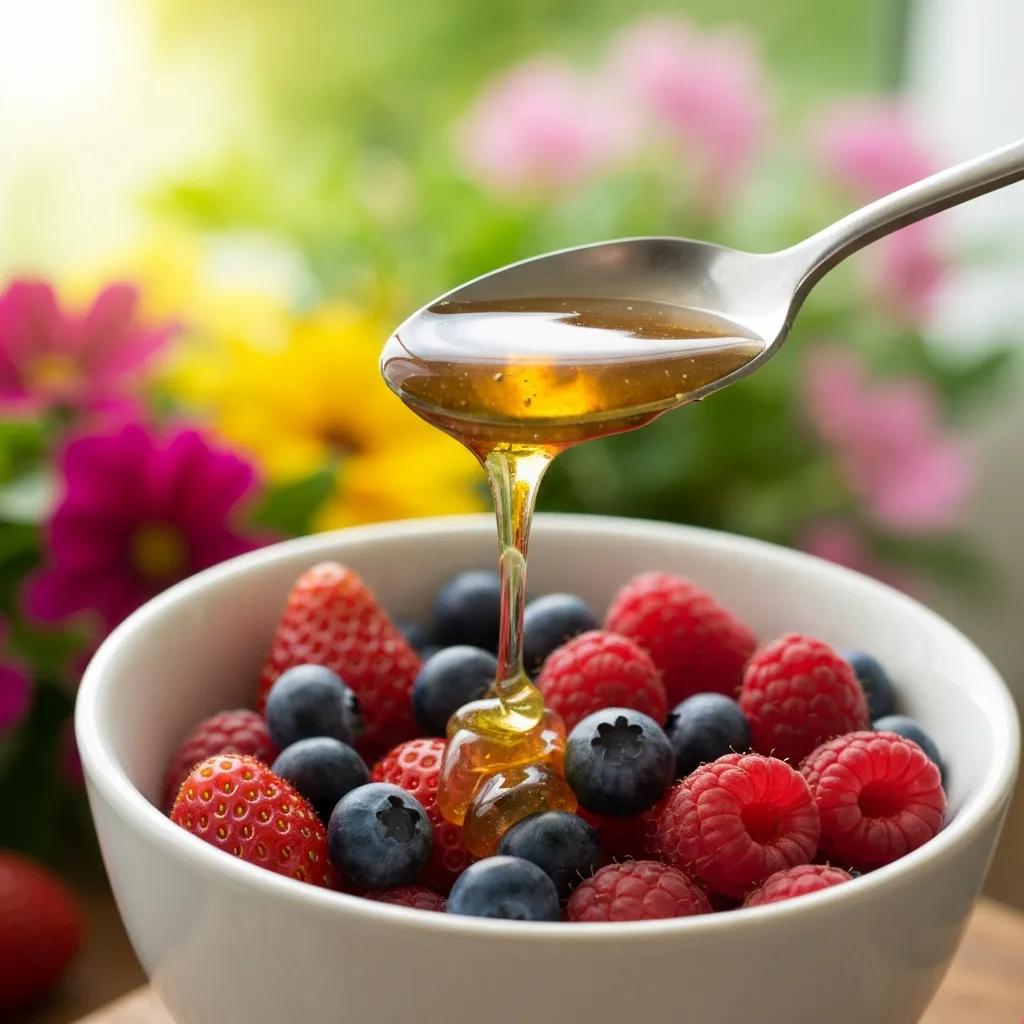 Spoonful of honey drizzling over a bowl of mixed berries to highlight antioxidant benefits