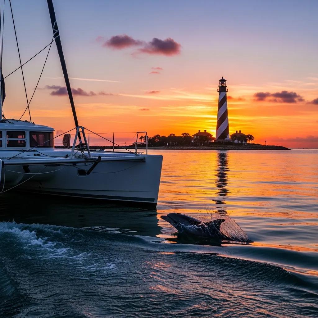 St. Augustine Lighthouse at sunset with a dolphin surfacing near a small boat