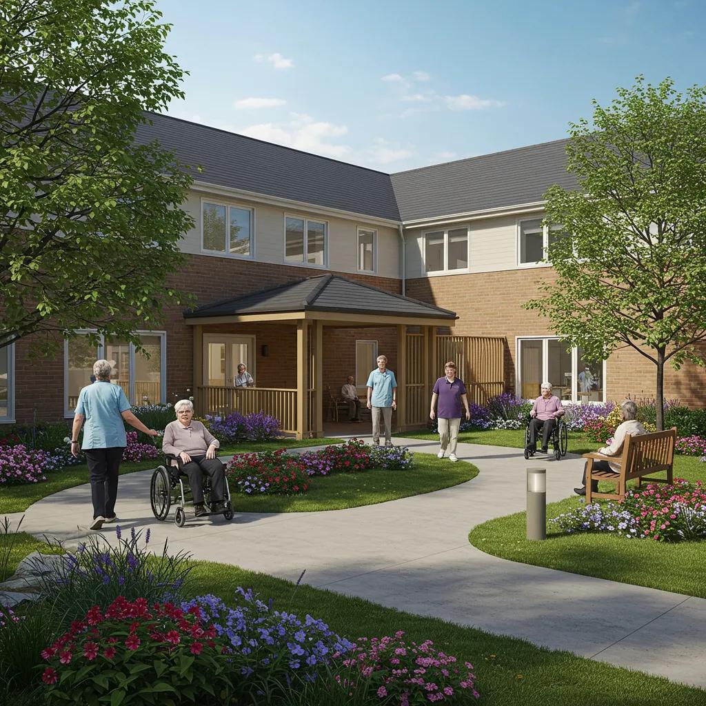 A standalone memory care facility featuring a secure outdoor space where residents are engaged in activities