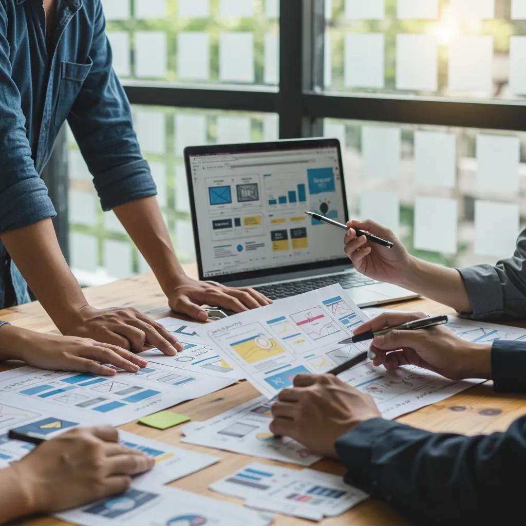 Startup team collaborating on website development in a modern workspace