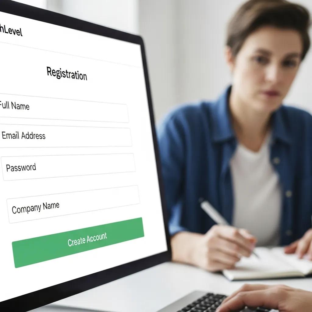 Step-by-step registration process for HighLevel on a computer screen