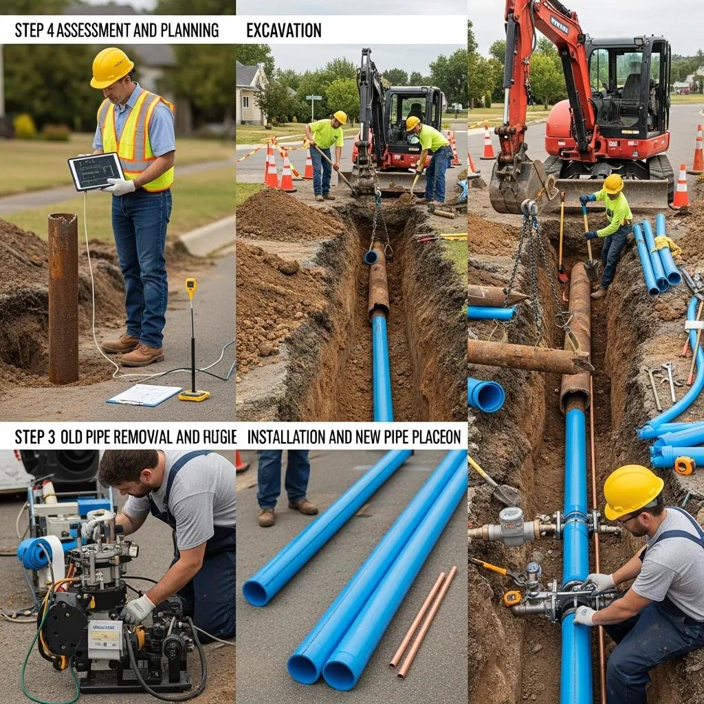 Step-by-step water main replacement process with a licensed plumber in action Step-by-step water main replacement process with a licensed plumber in action