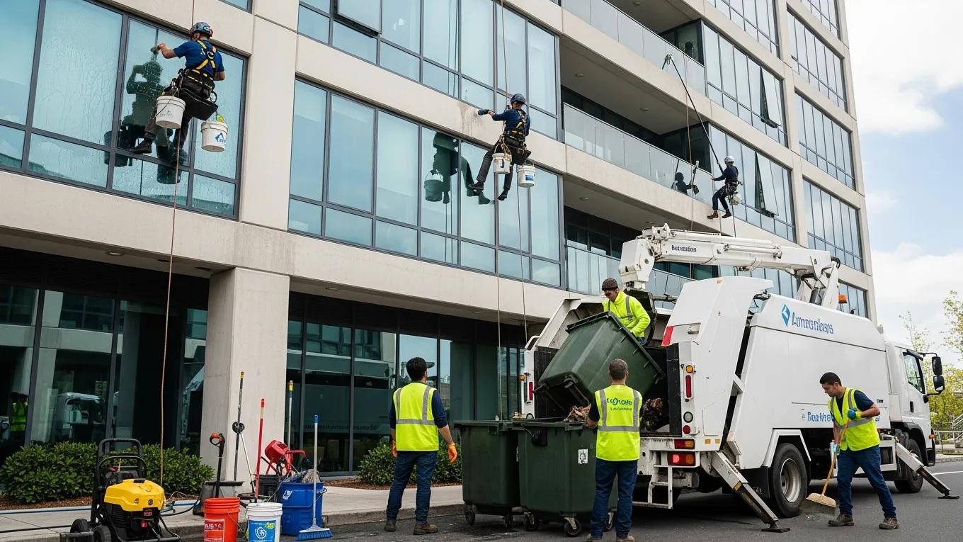 Strata cleaning services including window cleaning and waste management in action
