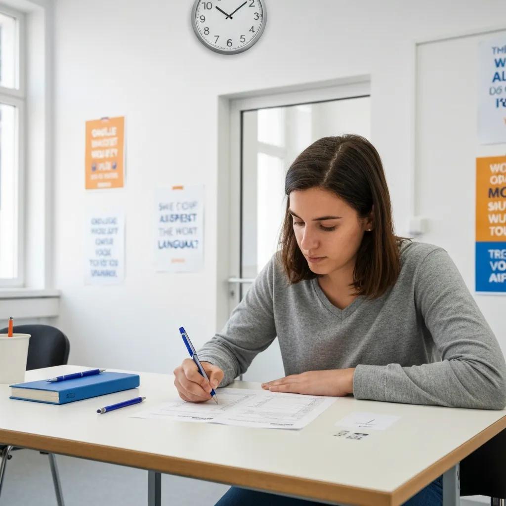 Student focused on taking an English language proficiency test in an academic setting, highlighting language requirements for university admission