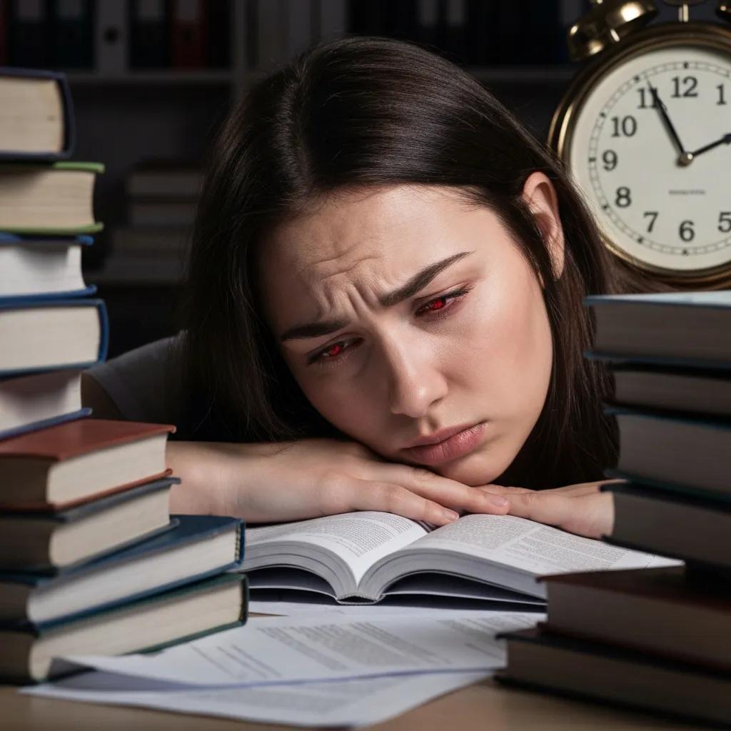 Student showing signs of academic burnout, surrounded by study materials, illustrating the impact of long school days