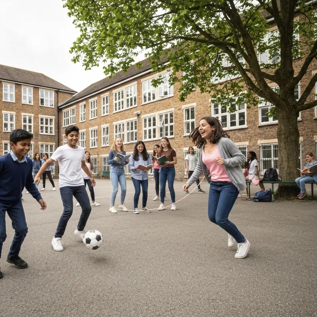 Students enjoying outdoor play during a break, emphasizing the benefits of optimal school schedules for learning and well-being