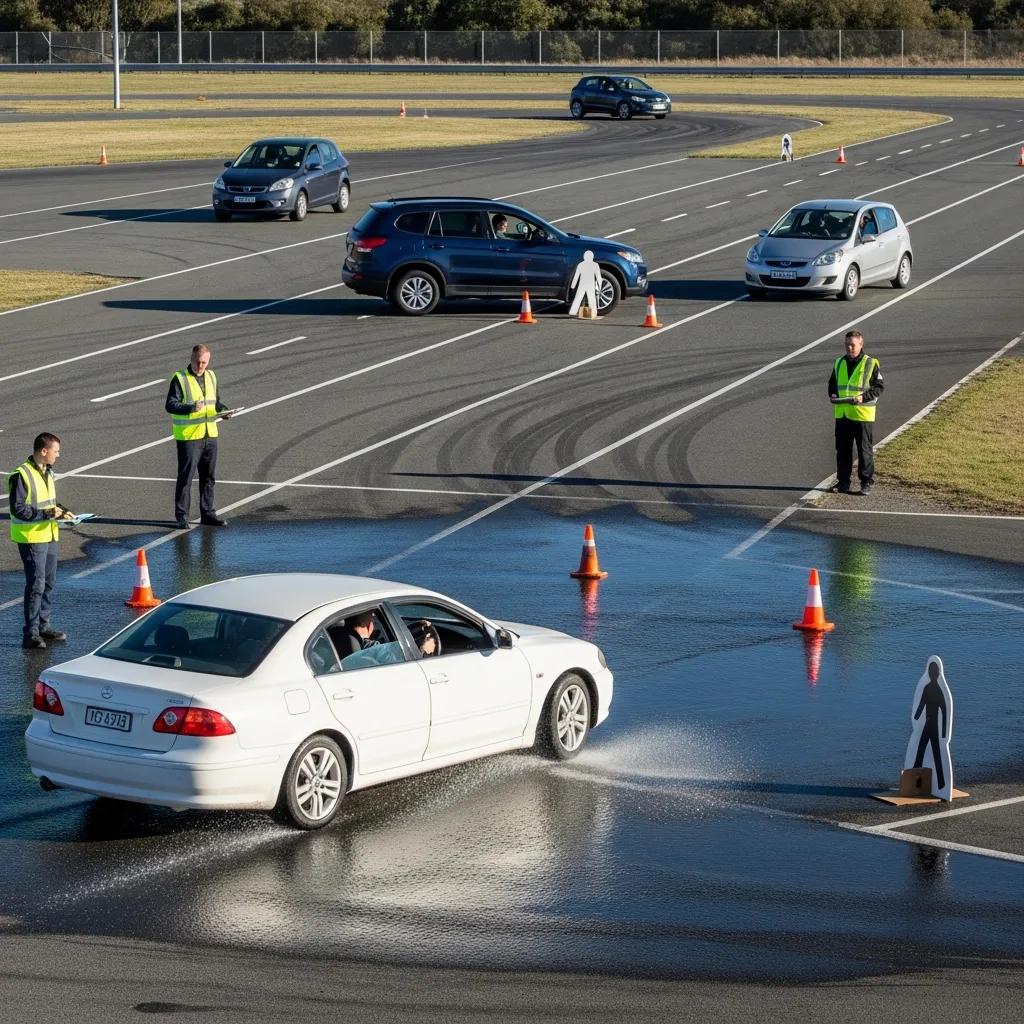 Students taking part in defensive driving drills in a classroom and in a vehicle