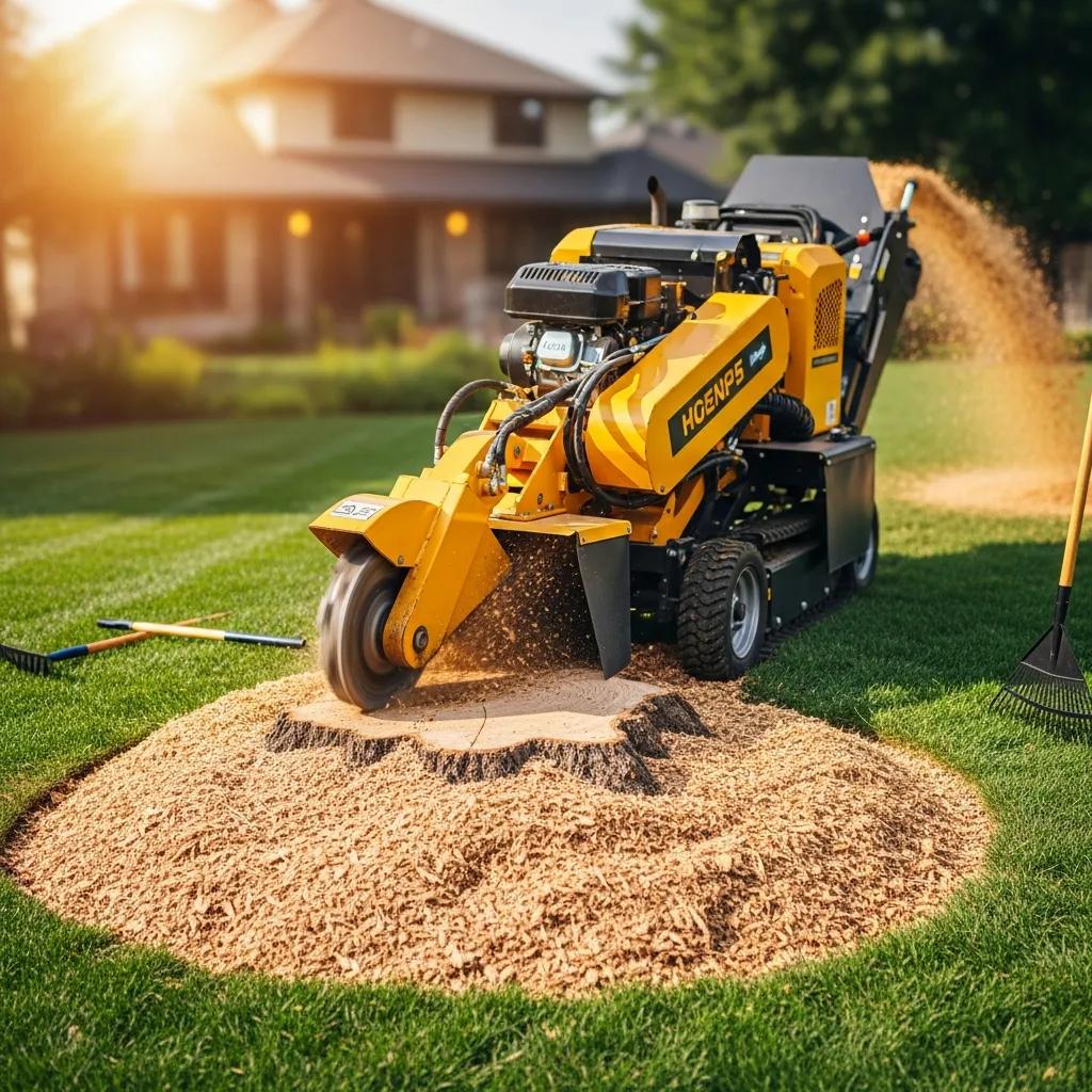 Stump grinding machine efficiently removing a tree stump, enhancing yard aesthetics and safety