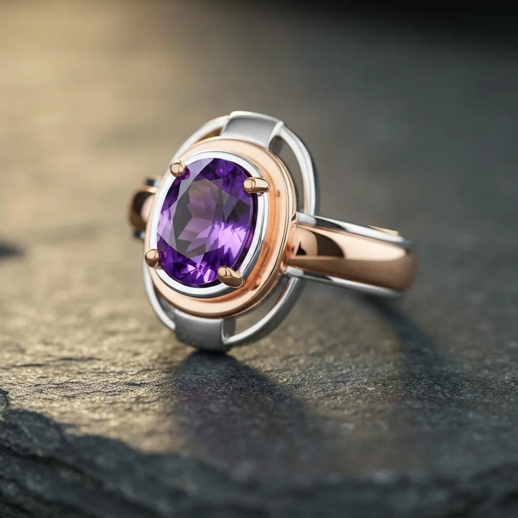 Engagement ring featuring a colored center stone and mixed metals illustrating 2025 personalization trends