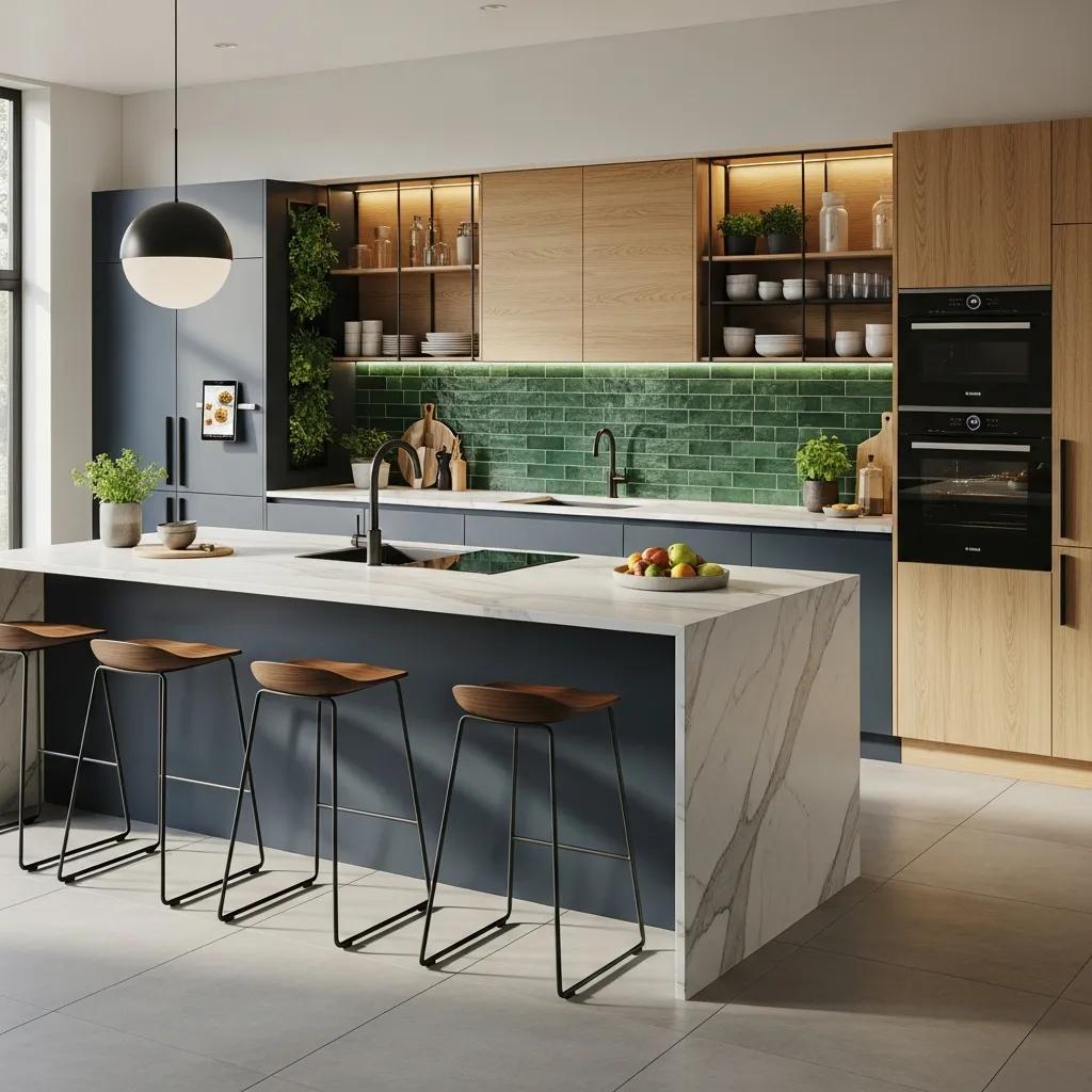 Stylish kitchen featuring natural materials and bold colors, representing 2024 design trends