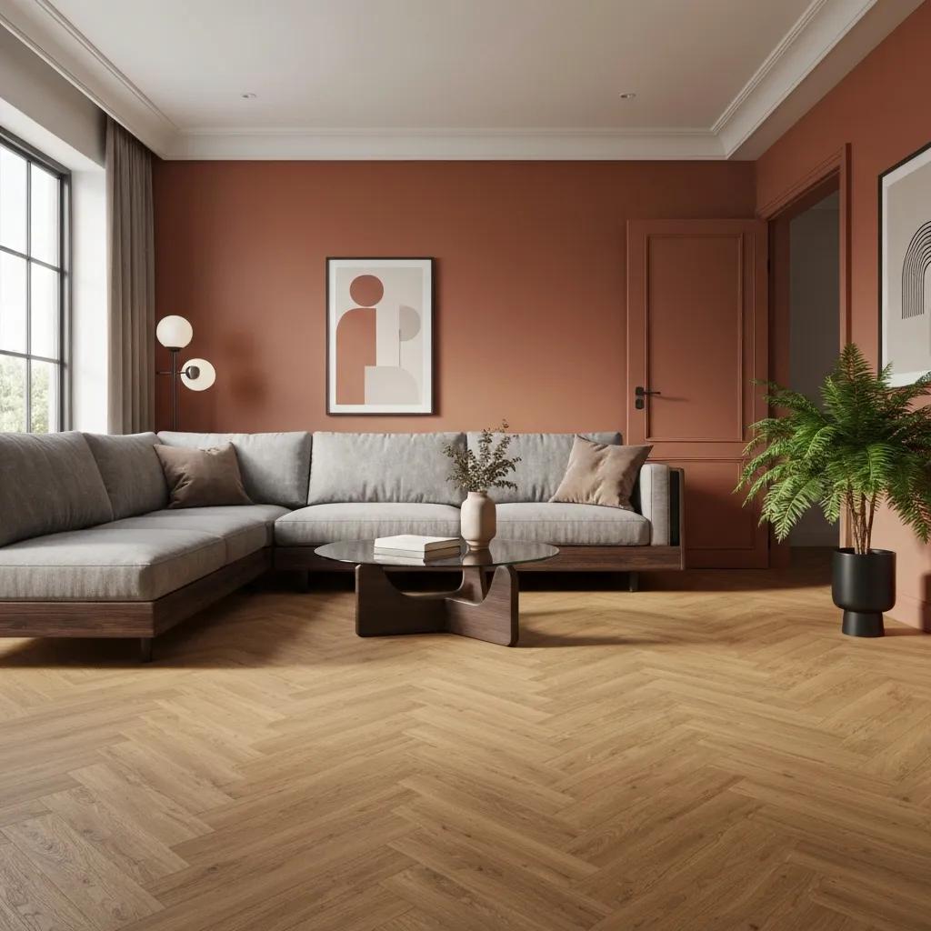 Living room with herringbone oak-effect flooring, warm oak tones and considered styling