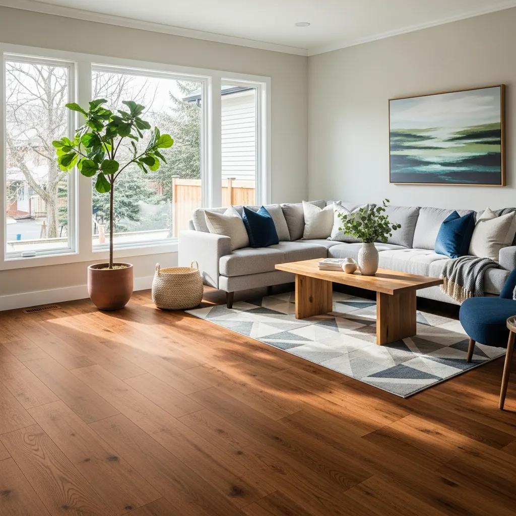 Contemporary living room highlighting the texture and design of modern flooring