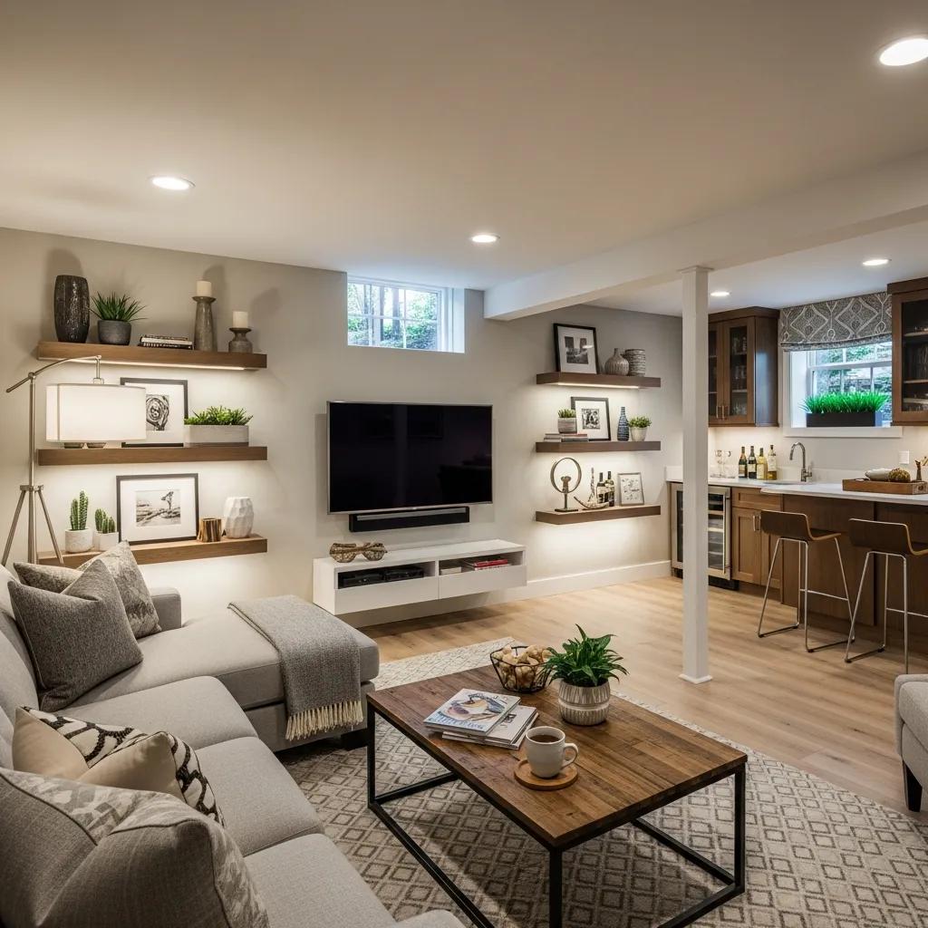 Stylish remodeled basement living area emphasizing functionality and modern design